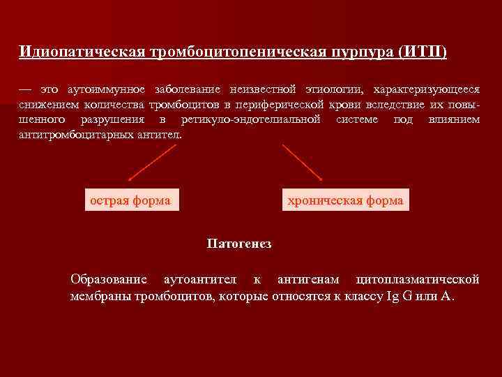 Идиопатическая тромбоцитопеническая пурпура (ИТП) — это аутоиммунное заболевание неизвестной этиологии, характеризующееся снижением количества тромбоцитов