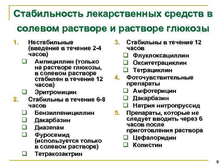Стабильность лекарственных средств в солевом растворе и растворе глюкозы 1. Нестабильные (введение в течение