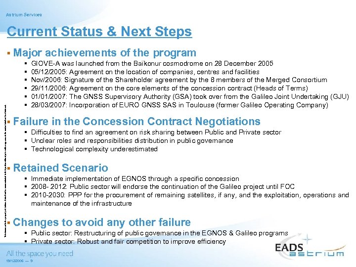 Astrium Services Current Status & Next Steps This document is the property of Astrium.