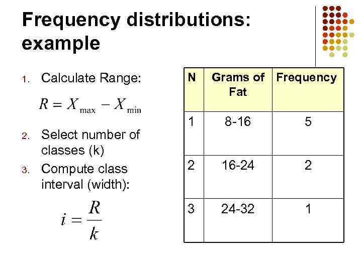 Frequency distributions: example 1. 2. 3. Calculate Range: Select number of classes (k) Compute