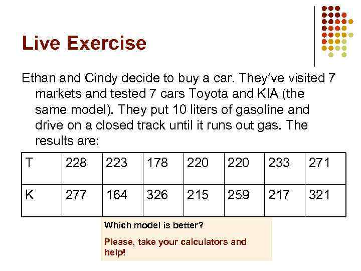 Live Exercise Ethan and Cindy decide to buy a car. They’ve visited 7 markets