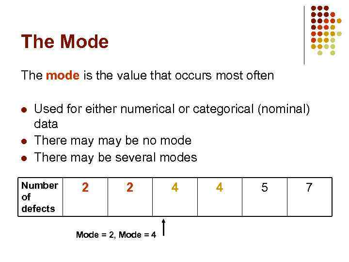 The Mode The mode is the value that occurs most often l l l