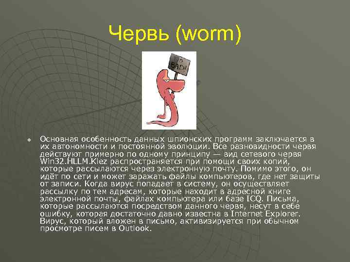 Червь (worm) u Основная особенность данных шпионских программ заключается в их автономности и постоянной