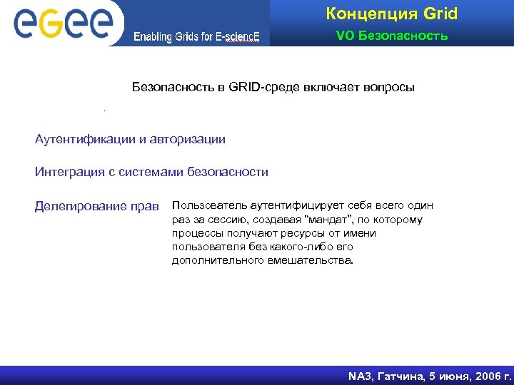 Концепция Grid VO Безопасность в GRID-среде включает вопросы. Аутентификации и авторизации Интеграция с системами