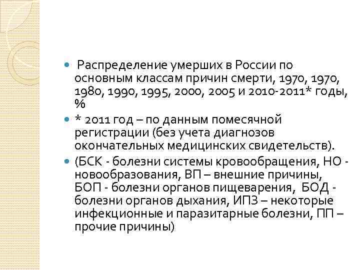 Распределение умерших в России по основным классам причин смерти, 1970, 1980, 1995, 2000, 2005