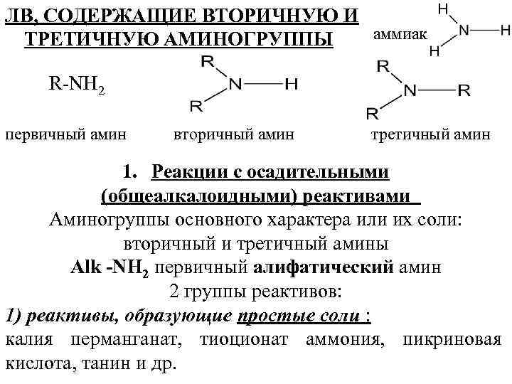 ЛВ, СОДЕРЖАЩИЕ ВТОРИЧНУЮ И аммиак ТРЕТИЧНУЮ АМИНОГРУППЫ R-NH 2 первичный амин вторичный амин третичный