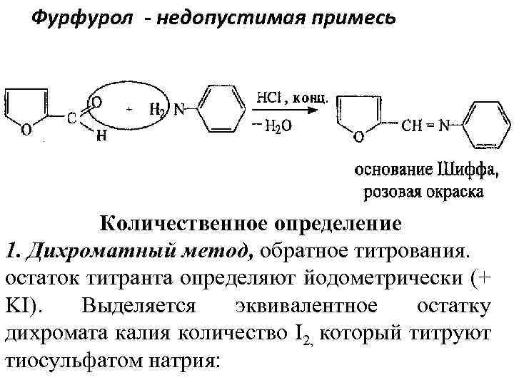 Фурфурол - недопустимая примесь Количественное определение 1. Дихроматный метод, обратное титрования. остаток титранта определяют