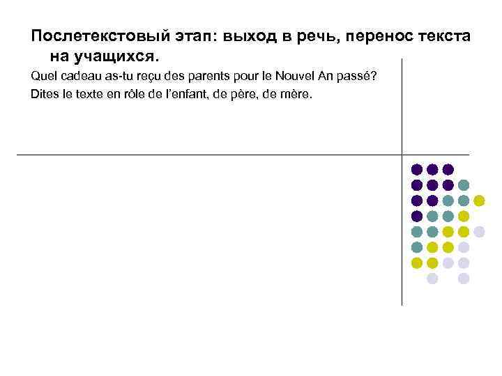 Послетекстовый этап: выход в речь, перенос текста на учащихся. Quel cadeau as-tu reçu des