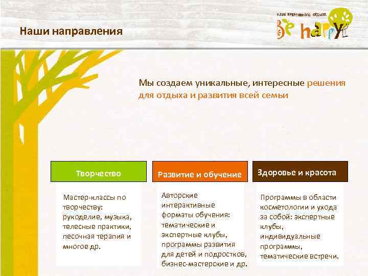 Наши направления Мы создаем уникальные, интересные решения для отдыха и развития всей семьи Творчество