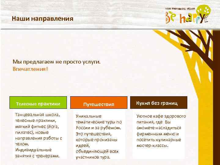 Наши направления Мы предлагаем не просто услуги. Впечатления! Телесные практики Путешествия Танцевальная школа, телесные