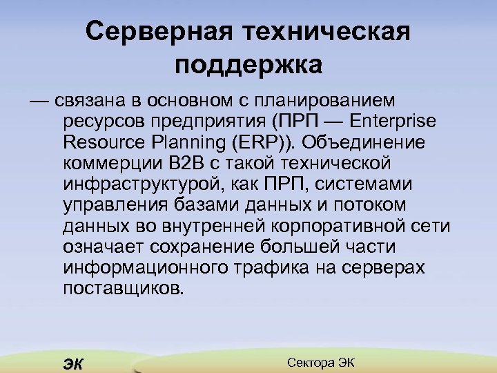 Серверная техническая поддержка — связана в основном с планированием ресурсов предприятия (ПРП — Enterprise