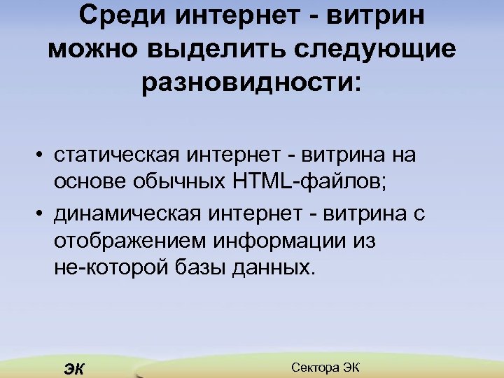 Среди интернет витрин можно выделить следующие разновидности: • статическая интернет витрина на основе обычных