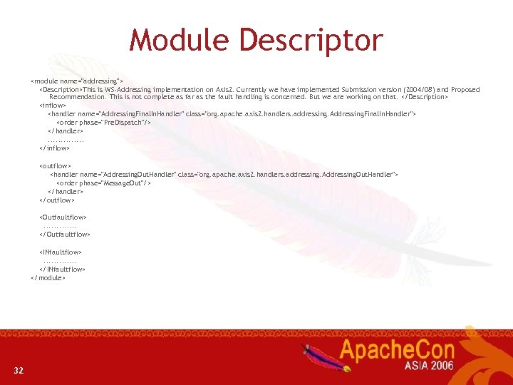 Module Descriptor <module name="addressing"> <Description>This is WS-Addressing implementation on Axis 2. Currently we have