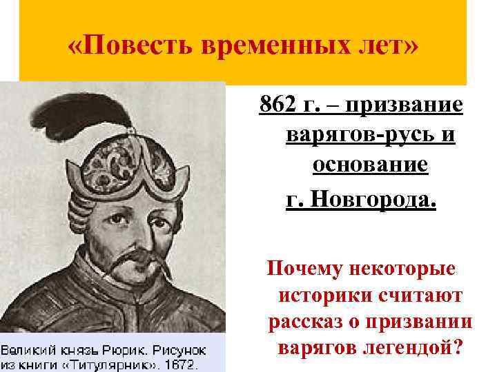 Главный исторический источник «Повесть временных лет» о истории Руси? 862 г. – призвание варягов-русь