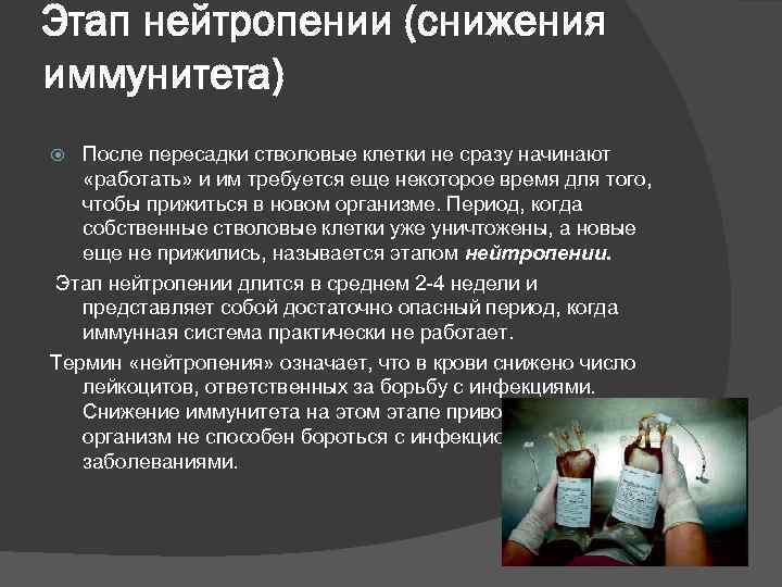 Этап нейтропении (снижения иммунитета) После пересадки стволовые клетки не сразу начинают «работать» и им