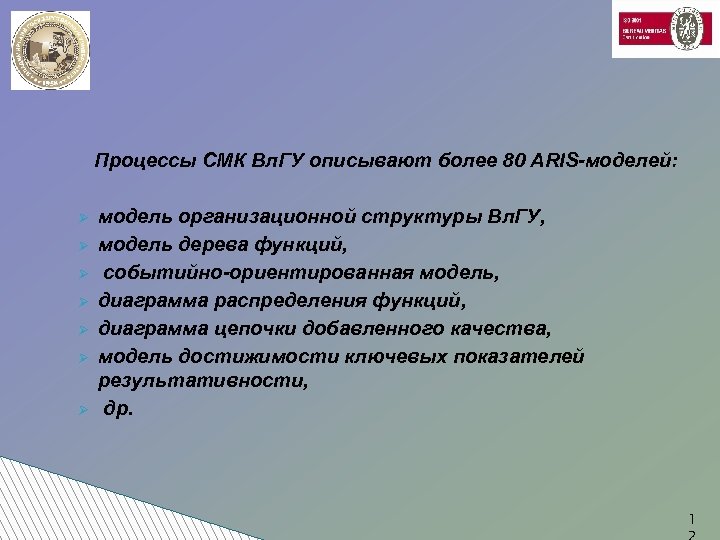 Процессы СМК Вл. ГУ описывают более 80 ARIS-моделей: Ø Ø Ø Ø модель организационной