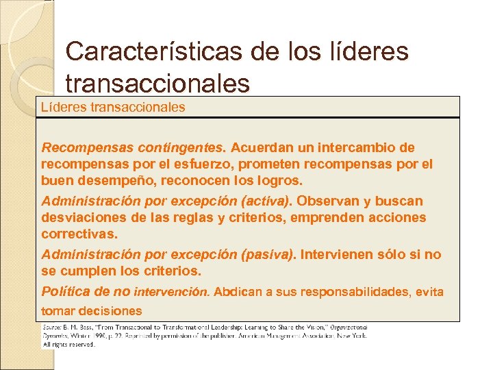 Características de los líderes transaccionales Líderes transaccionales Recompensas contingentes. Acuerdan un intercambio de recompensas