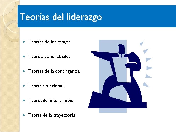 Teorías del liderazgo Teorías de los rasgos Teorías conductuales Teorías de la contingencia Teoría