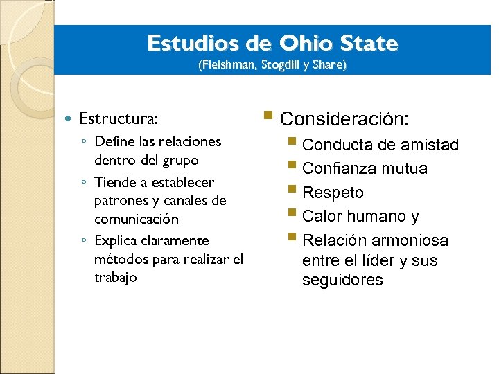 Estudios de Ohio State (Fleishman, Stogdill y Share) Estructura: ◦ Define las relaciones dentro