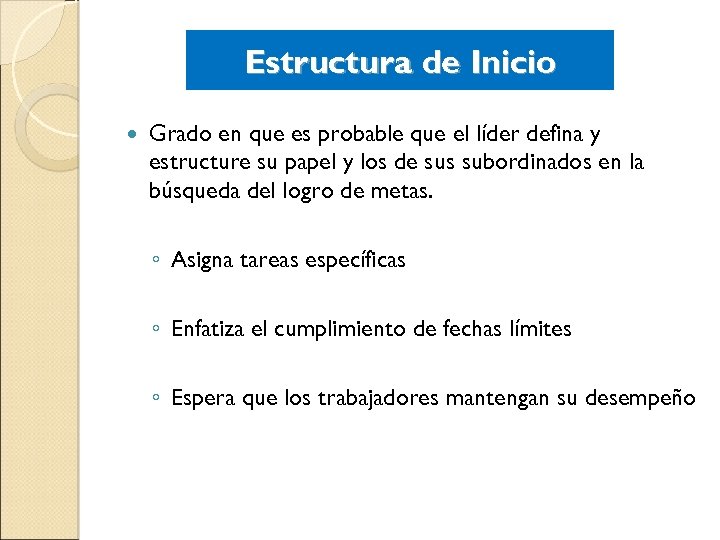 Estructura de Inicio Grado en que es probable que el líder defina y estructure
