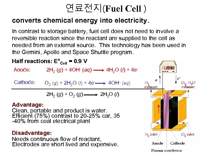 연료전지(Fuel Cell ) converts chemical energy into electricity. In contrast to storage battery, fuel