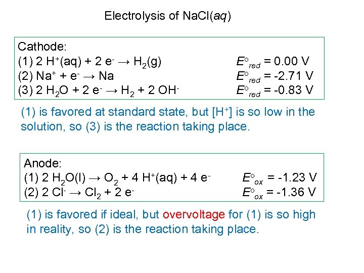 Electrolysis of Na. Cl(aq) Cathode: (1) 2 H+(aq) + 2 e- → H 2(g)