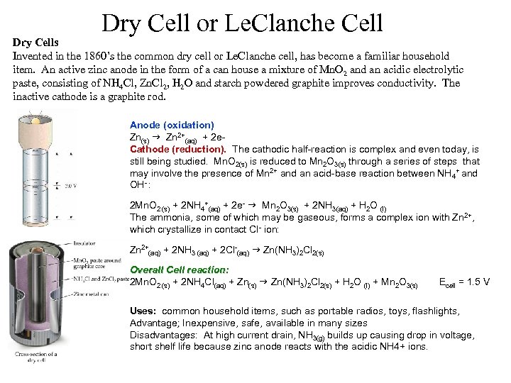 Dry Cell or Le. Clanche Cell Dry Cells Invented in the 1860’s the common