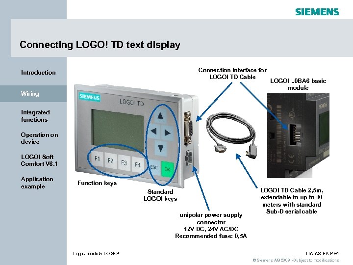 Connecting LOGO! TD text display Connection interface for LOGO! TD Cable Introduction Wiring LOGO!.