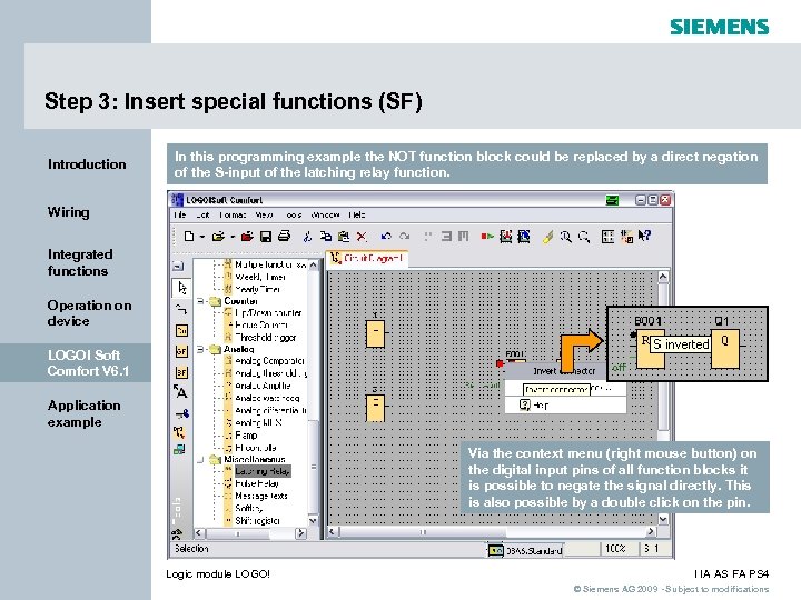 Step 3: Insert special functions (SF) Introduction In this programming example the NOT function