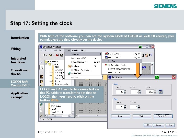 Step 17: Setting the clock Introduction With help of the software you can set