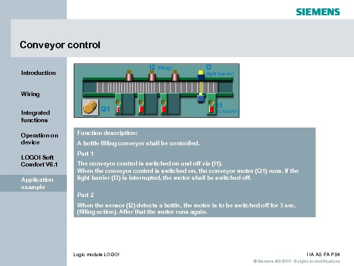 Conveyor control I 2 (filling) Introduction I 3 (light barrier) Wiring Q 1 Integrated