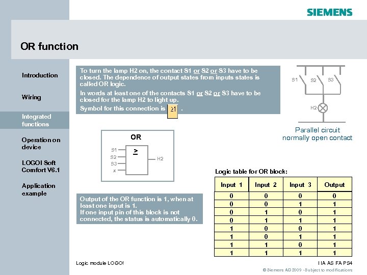 OR function Introduction Wiring To turn the lamp H 2 on, the contact S