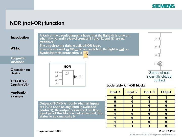 NOR (not-OR) function Introduction Wiring A look at the circuit diagram shows that the