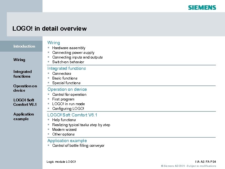 LOGO! in detail overview Introduction Wiring Integrated functions Operation on device Wiring § §