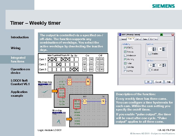 Timer – Weekly timer Introduction Wiring Integrated functions Operation on device LOGO! Soft Comfort