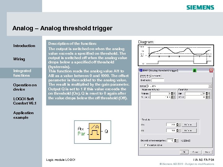 Analog – Analog threshold trigger Introduction Wiring Integrated functions Operation on device LOGO! Soft