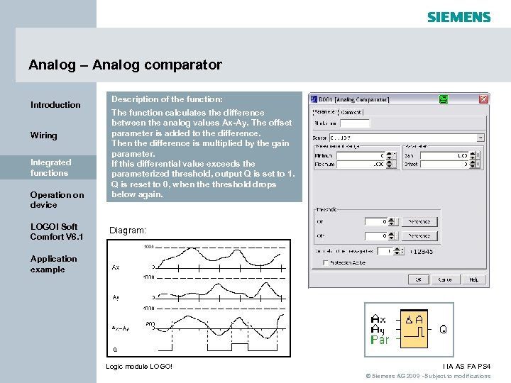 Analog – Analog comparator Introduction Wiring Integrated functions Operation on device LOGO! Soft Comfort