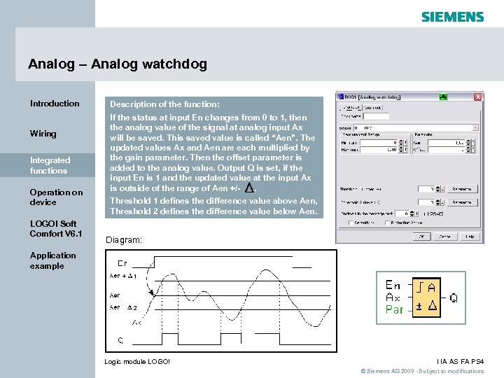 Analog – Analog watchdog Introduction Wiring Integrated functions Operation on device LOGO! Soft Comfort