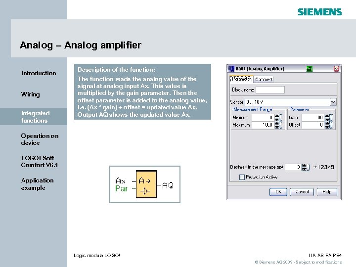 Analog – Analog amplifier Introduction Wiring Integrated functions Description of the function: The function