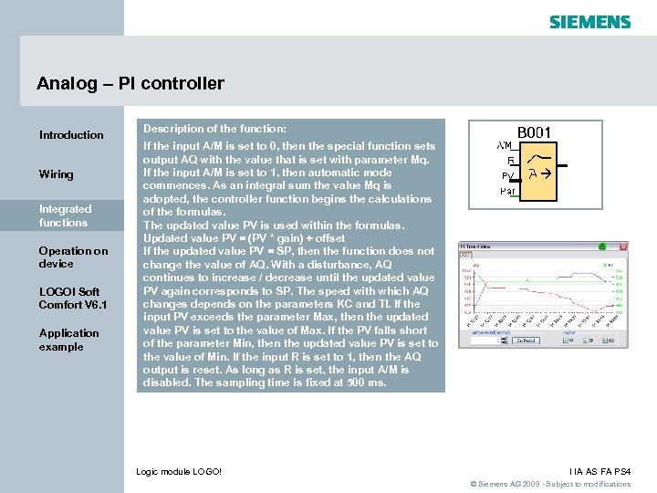 Analog – PI controller Introduction Wiring Integrated functions Operation on device LOGO! Soft Comfort