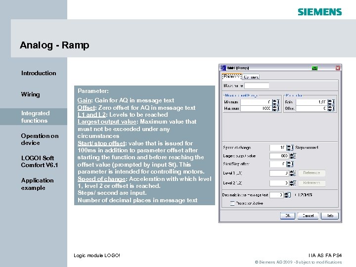 Analog - Ramp Introduction Wiring Integrated functions Operation on device LOGO! Soft Comfort V