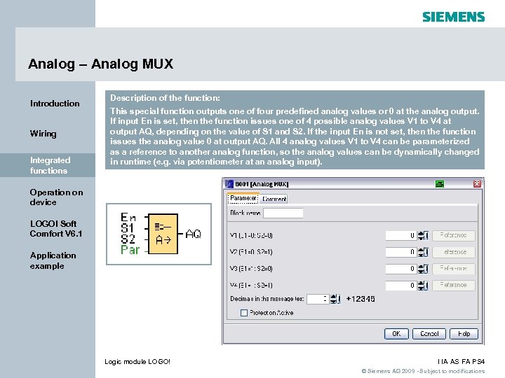 Analog – Analog MUX Introduction Wiring Integrated functions Description of the function: This special