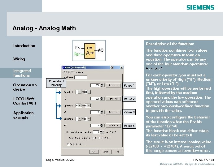 Analog - Analog Math Introduction Description of the function: Wiring The function combines four