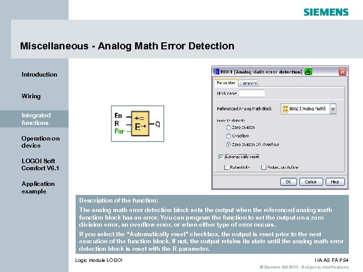 Miscellaneous - Analog Math Error Detection Introduction Wiring Integrated functions Operation on device LOGO!