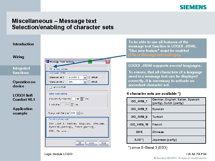 Miscellaneous – Message text Selection/enabling of character sets To be able to use all