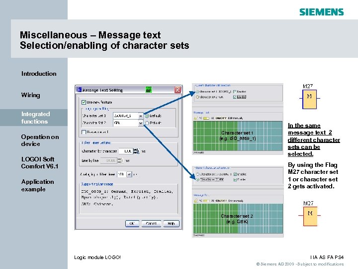 Miscellaneous – Message text Selection/enabling of character sets Introduction Wiring Integrated functions Character set