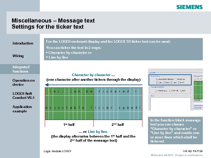 Miscellaneous – Message text Settings for the ticker text Introduction For the LOGO! on-board