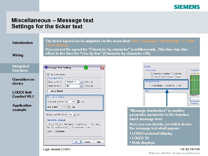 Miscellaneous – Message text Settings for the ticker text Introduction Wiring The ticker speed