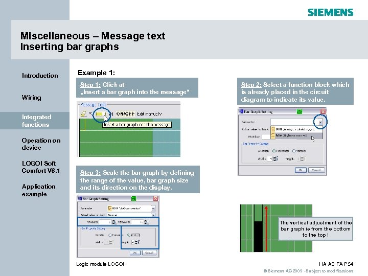 Miscellaneous – Message text Inserting bar graphs Introduction Wiring Example 1: Step 1: Click