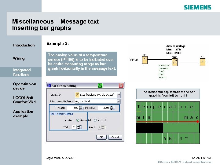 Miscellaneous – Message text Inserting bar graphs Introduction Wiring Integrated functions Example 2: The